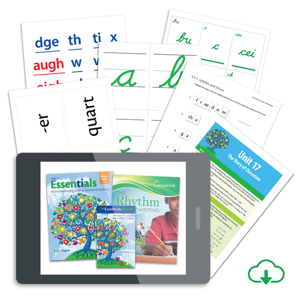 Essentials 1-7 Set (Teacher's Guide, Student Workbook, and Morpheme Flashcards for Units 1-7, Spelling Journal, Essentials Grammar Rule Quick Reference, Phonogram and Spelling Rule Quick Reference, Spelling Analysis Quick Reference, Basic and Advanced Phonogram Flash Cards, Spelling Rule Flash Cards, Grammar Flash Cards, Cursive and Bookface Phonogram Game Cards, and Phonogram Game Tiles) + The Essentials Reader Set + Rhythm of Handwriting Cursive Set - PDF Download