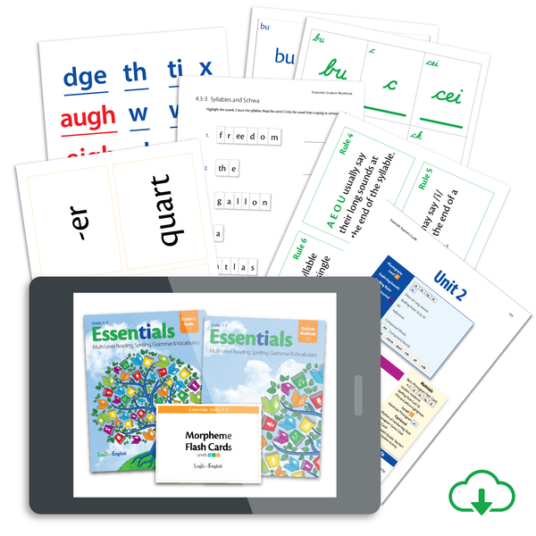 Essentials 1-7 Cursive Set: Teacher's Guide, Student Workbook, & Morpheme Flashcards for Essentials Units 1-7 plus Basic and Advanced Phonogram Flash Cards, Grammar Flash Cards, the New Essentials Grammar Rule Quick Reference, Spelling Rule Flash Cards, Spelling Journal, Phonogram & Spelling Rule Quick Reference, Cursive and Bookface Phonogram Game Cards, Phonogram Game Tiles, and a Spelling Analysis Quick Reference - PDF Download