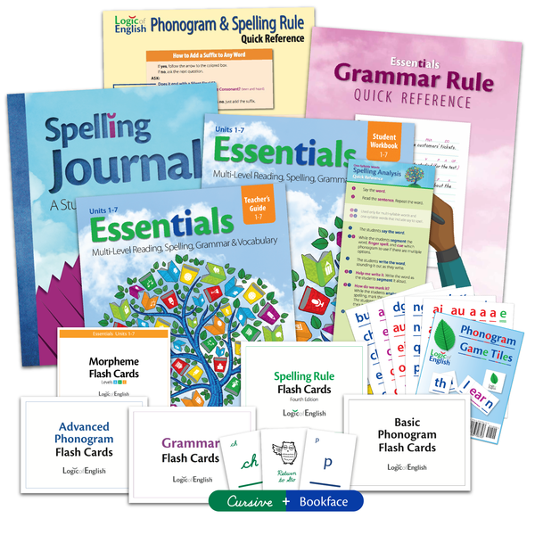 Essentials 1-7 Cursive Set: Teacher's Guide, Student Workbook, & Morpheme Flashcards for Essentials Units 1-7 plus Basic and Advanced Phonogram Flash Cards, Grammar Flash Cards, the New Essentials Grammar Rule Quick Reference, Spelling Rule Flash Cards, Spelling Journal, Phonogram & Spelling Rule Quick Reference, Cursive and Bookface Phonogram Game Cards, Phonogram Game Tiles, and a Spelling Analysis Quick Reference - PDF Download