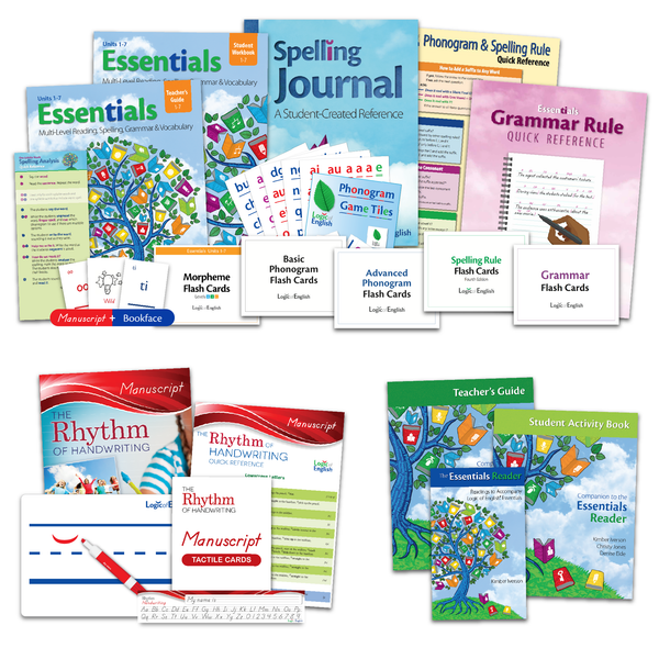 Essentials 1-7 Set (Teacher's Guide, Student Workbook, and Morpheme Flashcards for Units 1-7, Spelling Journal, Essentials Grammar Rule Quick Reference, Phonogram and Spelling Rule Quick Reference, Spelling Analysis Quick Reference, Basic and Advanced Phonogram Flash Cards, Spelling Rule Flash Cards, Grammar Flash Cards, Manuscript and Bookface Phonogram Game Cards, and Phonogram Game Tiles) + The Essentials Reader Set + Rhythm of Handwriting Manuscript Set