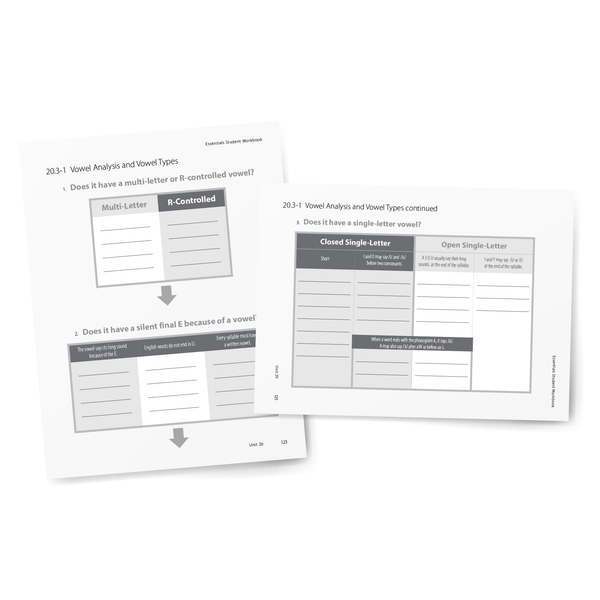 Sample of Student Workbook for Essentials Units 16-22 - Vowel Analysis and Vowel Types Flow Charts