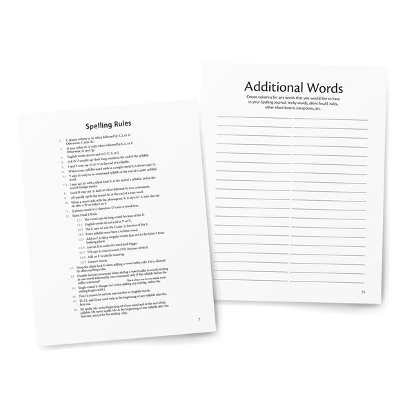 Sample of Spelling Journal: Spelling Rules and Additional Words columns