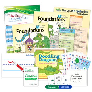 Foundations A Cursive Set: Teacher's Manual, Student Workbook, Doodling Dragons An ABC Book of Sounds, Basic Phonogram Flash Cards, Cursive and Bookface Phonogram Game Cards, Phonogram Game Tiles, Phonogram & Spelling Rule Quick Reference, Spelling Analysis Quick Reference, Rhythm of Handwriting Cursive Quick Reference, Rhythm of Handwriting Cursive Tactile Cards, and a Student Whiteboard