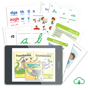 Starting at Foundations B Cursive Set: Teacher's Manual, Student Workbook, Whistling Whales Beyond the Sounds of ABC, Foundations B Reader Set, Foundations B Young Artist Series Reader Set, Cursive and Bookface Phonogram Game Cards, Phonogram Game Tiles, Basic Phonogram Flash Cards, Phonogram & Spelling Rule Quick Reference, Rhythm of Handwriting Cursive Quick Reference, Rhythm of Handwriting Cursive Tactile Cards, Student Whiteboard, and Spelling Analysis Quick Reference - PDF Download