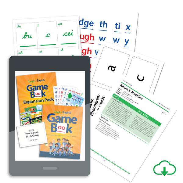 Logic of English® Game Book Set: Game Book, Expansion Pack of game boards, Cursive and Bookface Phonogram Game Cards, Phonogram Game Tiles, and Basic Phonogram Flash Cards, Whiteboard - PDF Download