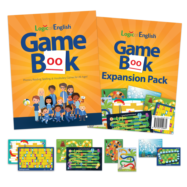 The Game Book Set: Logic of English® Game Book: Phonics, Reading, Spelling, & Vocabulary Games for All Ages plus an expansion pack of 8 reusable, full-color game boards.