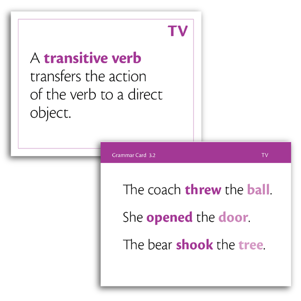 Sample of Grammar Flash Cards - Transitive Verb definition and examples