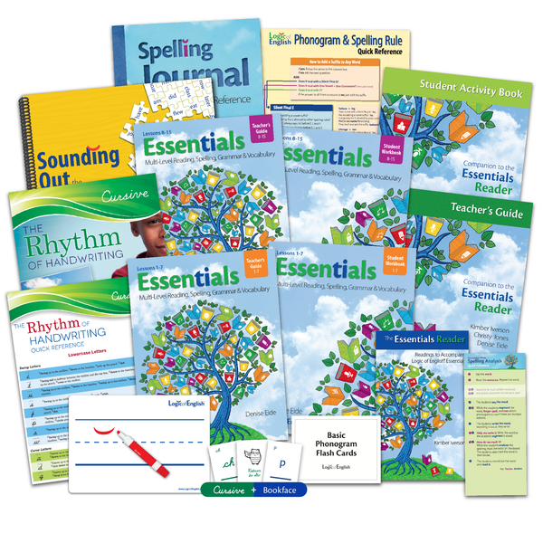 Essentials Cursive Professional Development Set: Teacher's Manual and Student Workbook for Units 1-15, Spelling Journal, The Essentials Reader Set, Phonogram & Spelling Rule Quick Reference, Sounding Out the Sight Words, Rhythm of Handwriting Cursive Student Book and Quick Reference, Cursive and Bookface Phonogram Game Cards, Basic Phonogram Flash Cards, Spelling Analysis Quick Reference, and a reusable whiteboard!