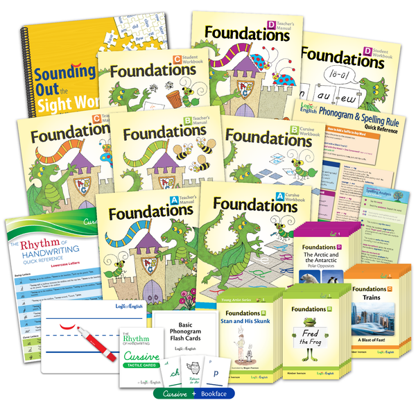 Foundations Cursive Professional Development Set: Teacher's Manuals and Student Workbooks for A, B, C, and D, four sets of 8 decodable readers scheduled throughout Foundations B-D, Phonogram & Spelling Rule Quick Reference, Basic Phonogram Flash Cards, Cursive and Bookface Phonogram Game Cards, Spelling Analysis Quick Reference, Sounding Out the Sight Words, and Rhythm of Handwriting Cursive Quick Reference and Tactile Cards.