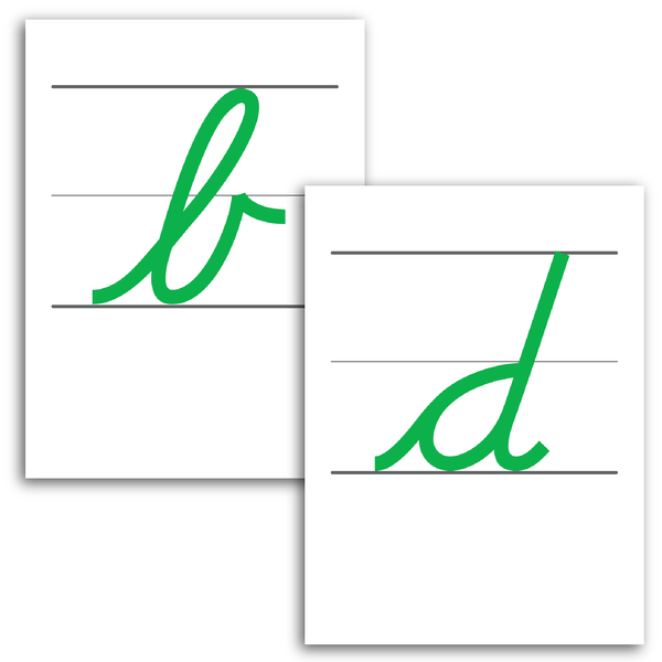 Samples of Rhythm of Handwriting Cursive Tactile Cards - lowercase b and lowercase d demonstrating prevention of reversals