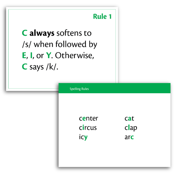 Sample of Spelling Rule Flash Cards - Rule 1: C always softens to /s/ when followed by E, I, or Y. Otherwise, C says /k/.