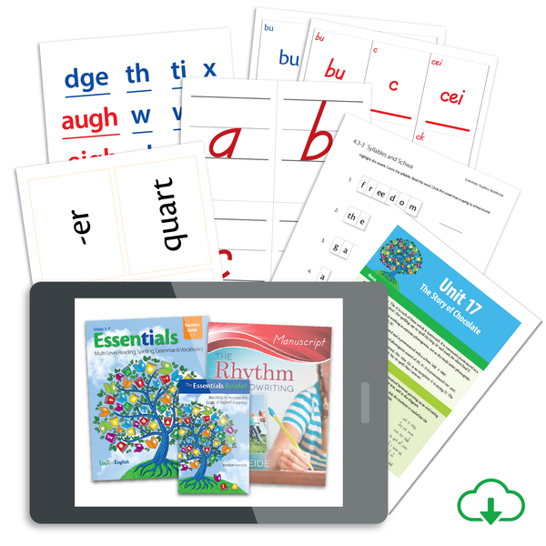 Essentials 1-7 Set (Teacher's Guide, Student Workbook, and Morpheme Flashcards for Units 1-7, Spelling Journal, Essentials Grammar Rule Quick Reference, Phonogram and Spelling Rule Quick Reference, Spelling Analysis Quick Reference, Basic and Advanced Phonogram Flash Cards, Spelling Rule Flash Cards, Grammar Flash Cards, Manuscript and Bookface Phonogram Game Cards, and Phonogram Game Tiles) + The Essentials Reader Set + Rhythm of Handwriting Manuscript Set - PDF Download