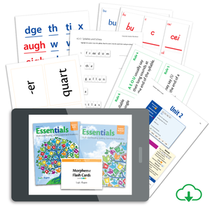 Essentials 1-7 Manuscript Set: Teacher's Guide, Student Workbook, & Morpheme Flashcards for Essentials Units 1-7 plus Basic and Advanced Phonogram Flash Cards, Grammar Flash Cards, the New Essentials Grammar Rule Quick Reference, Spelling Rule Flash Cards, Spelling Journal, Phonogram & Spelling Rule Quick Reference, Manuscript and Bookface Phonogram Game Cards, Phonogram Game Tiles, and a Spelling Analysis Quick Reference - PDF Download