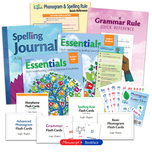 Essentials 1-7 Manuscript Set: Teacher's Guide, Student Workbook, & Morpheme Flashcards for Essentials Units 1-7 plus Basic and Advanced Phonogram Flash Cards, Grammar Flash Cards, the New Essentials Grammar Rule Quick Reference, Spelling Rule Flash Cards, Spelling Journal, Phonogram & Spelling Rule Quick Reference, Manuscript and Bookface Phonogram Game Cards, Phonogram Game Tiles, and a Spelling Analysis Quick Reference 