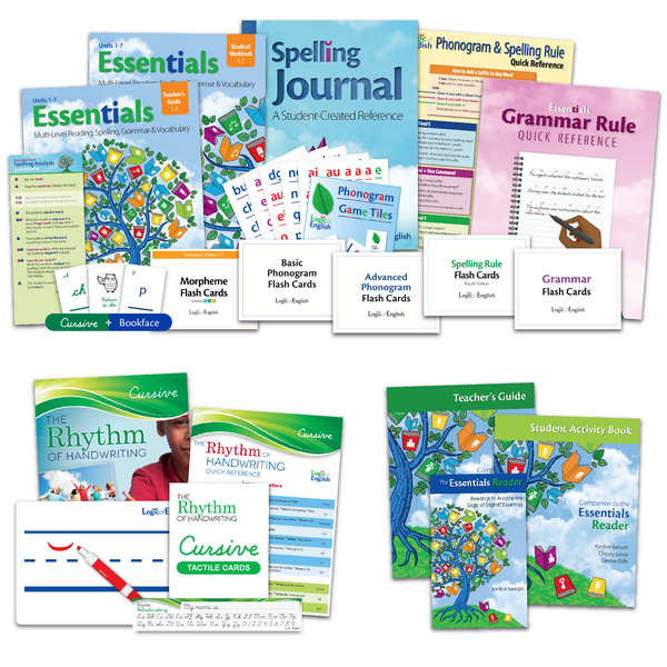 Essentials 1-7 Set (Teacher's Guide, Student Workbook, and Morpheme Flashcards for Units 1-7, Spelling Journal, Essentials Grammar Rule Quick Reference, Phonogram and Spelling Rule Quick Reference, Spelling Analysis Quick Reference, Basic and Advanced Phonogram Flash Cards, Spelling Rule Flash Cards, Grammar Flash Cards, Cursive and Bookface Phonogram Game Cards, and Phonogram Game Tiles) + The Essentials Reader Set + Rhythm of Handwriting Cursive Set