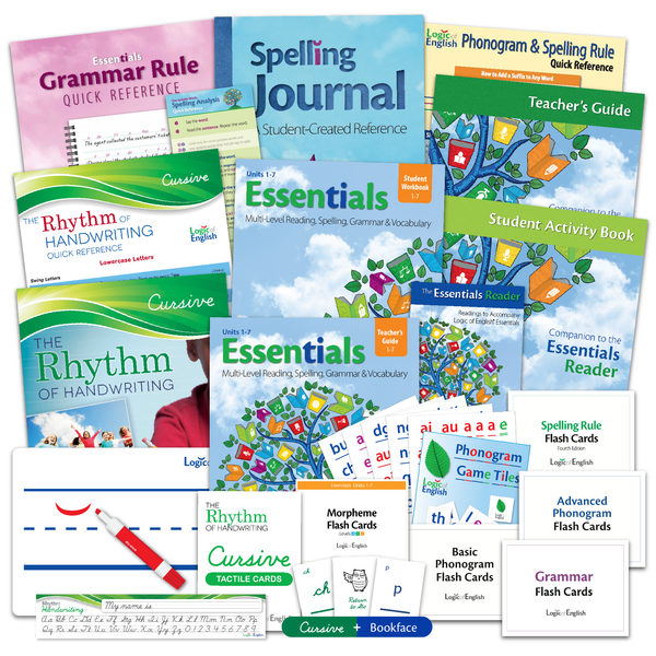 Essentials 1-7 Set (Teacher's Guide, Student Workbook, and Morpheme Flashcards for Units 1-7, Spelling Journal, Essentials Grammar Rule Quick Reference, Phonogram and Spelling Rule Quick Reference, Spelling Analysis Quick Reference, Basic and Advanced Phonogram Flash Cards, Spelling Rule Flash Cards, Grammar Flash Cards, Cursive and Bookface Phonogram Game Cards, and Phonogram Game Tiles) + The Essentials Reader Set + Rhythm of Handwriting Cursive Set