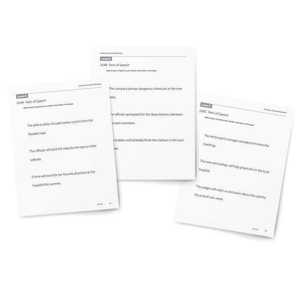 Sample of Student Workbook for Essentials Units 23-30 - Level A, Level B, and Level C Parts of Speech