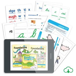 Foundations A Cursive Set: Teacher's Manual, Student Workbook, Doodling Dragons An ABC Book of Sounds, Cursive and Bookface Phonogram Game Cards, Basic Phonogram Flash Cards, Phonogram Game Tiles, Phonogram & Spelling Rule Quick Reference, Spelling Analysis Quick Reference, Rhythm of Handwriting Cursive Quick Reference, Rhythm of Handwriting Cursive Tactile Cards, Student Whiteboard - PDF Download