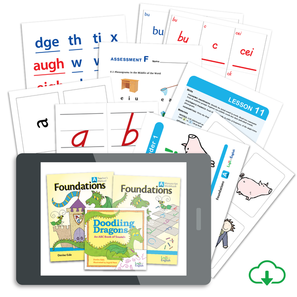 Foundations A Manuscript Set: Teacher's Manual, Student Workbook, Doodling Dragons An ABC Book of Sounds, Manuscript and Bookface Phonogram Game Cards, Basic Phonogram Flash Cards, Phonogram Game Tiles, Phonogram & Spelling Rule Quick Reference, Spelling Analysis Quick Reference, Rhythm of Handwriting Manuscript Quick Reference, Rhythm of Handwriting Manuscript Tactile Cards, Student Whiteboard - PDF Download
