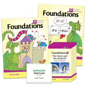 Foundations D Set: Teacher's Manual, Student Workbook, set of 8 decodable readers, and Spelling Rule Flash Cards