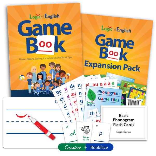 Logic of English® Game Book Cursive Set: Game Book, Expansion Pack, Phonogram Game Tiles, Basic Phonogram Flash Cards, Cursive and Bookface Phonogram Game Cards, and a student whiteboard