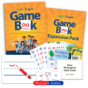 Logic of English® Game Book Manuscript Set: Game Book, Expansion Pack, Phonogram Game Tiles, Basic Phonogram Flash Cards, Manuscript and Bookface Phonogram Game Cards, and a student whiteboard