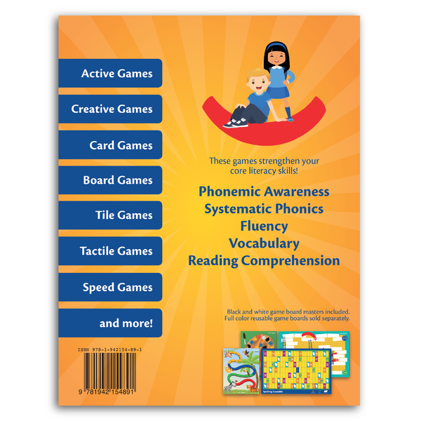 Back Cover of Logic of English® Game Book: Active Games, Creative Games, Card Games, Board Games, Tile Games, Tactile Games, Speed Games, and more!