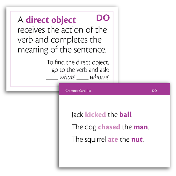 Sample of Grammar Flash Cards - Direct Object definition and examples
