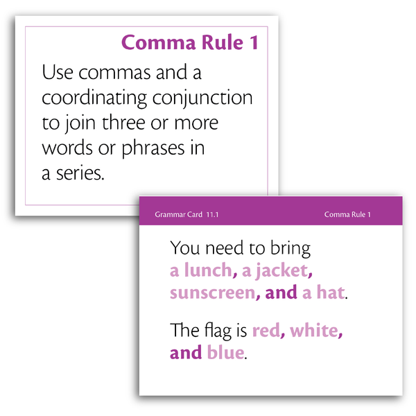 Sample of Grammar Flash Cards - Comma Rule 1 and examples