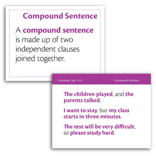 Sample of Grammar Flash Cards - Compound Sentence definition and examples