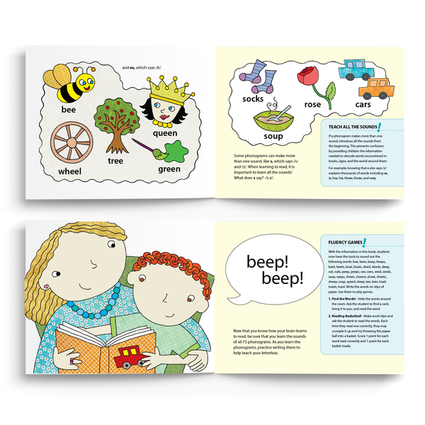 2 interior spreads of illustrations demonstrating common words that use multi-letter phonograms, reinforcing the need to teach all the sounds from the beginning.