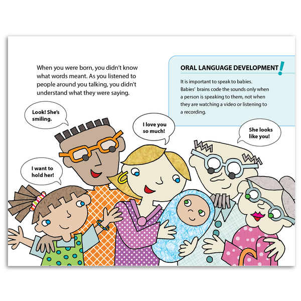 Interior page displaying illustrations of diverse people speaking to a baby alongside an Oral Language Development fact