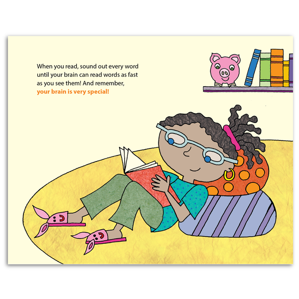 Interior page illustrating a young girl successfully reading independently