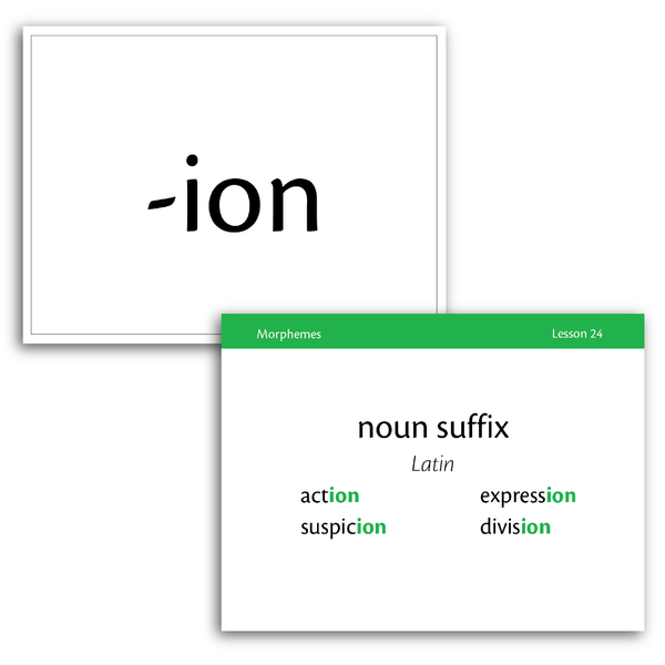 Sample of Level B Morpheme Flash Cards for Essentials Units 23-30 - the suffix -ion