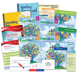 Essentials Manuscript Professional Development Set: Teacher's Manual and Student Workbook for Units 1-15, Spelling Journal, The Essentials Reader Set, Phonogram & Spelling Rule Quick Reference, Sounding Out the Sight Words, Rhythm of Handwriting Manuscript Student Book and Quick Reference, Manuscript and Bookface Phonogram Game Cards, Basic Phonogram Flash Cards, Spelling Analysis Quick Reference, and a reusable whiteboard!