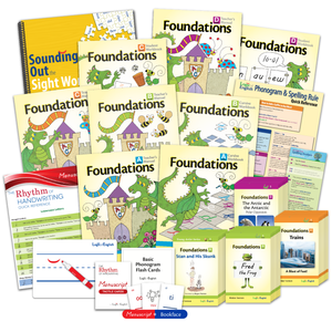 Foundations Manuscript Professional Development Set: Teacher's Manuals and Student Workbooks for A, B, C, and D, four sets of 8 decodable readers scheduled throughout Foundations B-D, Phonogram & Spelling Rule Quick Reference, Basic Phonogram Flash Cards, Manuscript and Bookface Phonogram Game Cards, Spelling Analysis Quick Reference, Sounding Out the Sight Words, and Rhythm of Handwriting Manuscript Quick Reference and Tactile Cards.