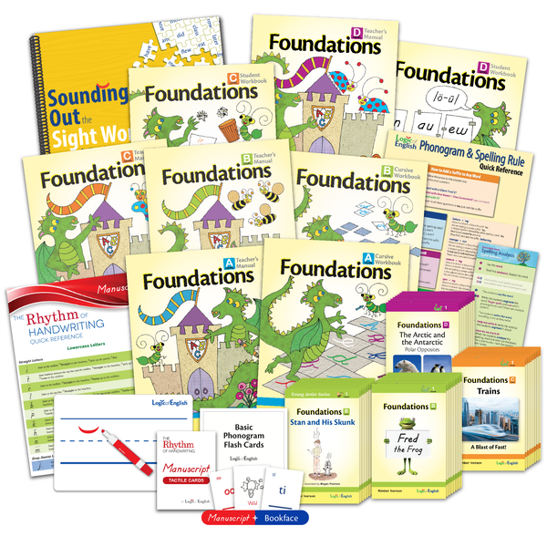 Foundations Manuscript Professional Development Set: Teacher's Manuals and Student Workbooks for A, B, C, and D, four sets of 8 decodable readers scheduled throughout Foundations B-D, Phonogram & Spelling Rule Quick Reference, Basic Phonogram Flash Cards, Manuscript and Bookface Phonogram Game Cards, Spelling Analysis Quick Reference, Sounding Out the Sight Words, and Rhythm of Handwriting Manuscript Quick Reference and Tactile Cards.