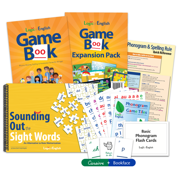 Sounding Out the Sight Words Set: Sounding Out the Sight Words book, Logic of English® Game Book and Expansion Pack, Phonogram & Spelling Rule Quick Reference, Phonogram Game Tiles, Cursive and Bookface Phonogram Game Cards, and Basic Phonogram Flash Cards